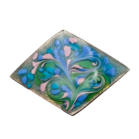 Vintage MCM Designer Inga Carlson Enamel Copper Brooch Pink Blue Green Swirl 2" - Picture 2 of 5